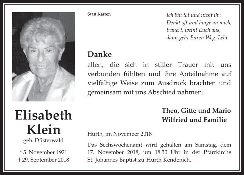  Traueranzeige für Elisabeth Klein vom 14.11.2018 aus  Wochenende 