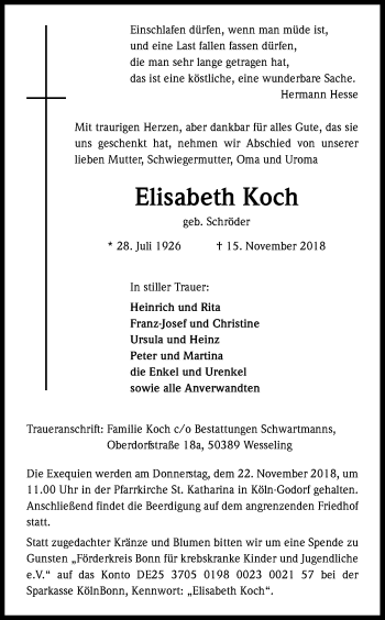 Anzeige von Elisabeth Koch von Kölner Stadt-Anzeiger / Kölnische Rundschau / Express