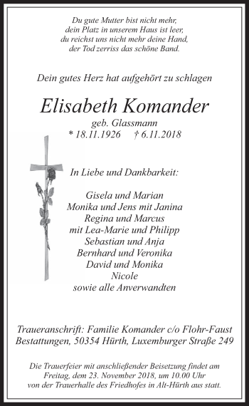 Anzeige von Elisabeth Komander von  Wochenende 