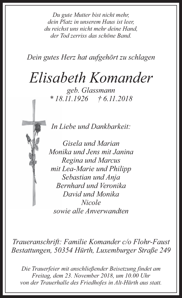  Traueranzeige für Elisabeth Komander vom 14.11.2018 aus  Wochenende 