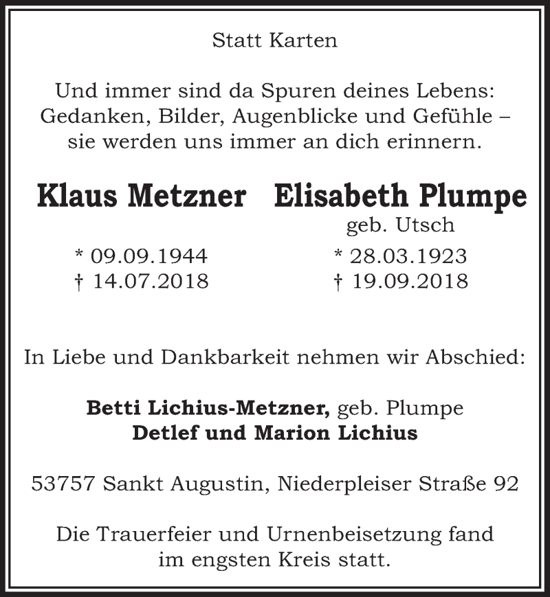 Traueranzeige für Elisabeth Plumpe vom 14.11.2018 aus  Extra Blatt 