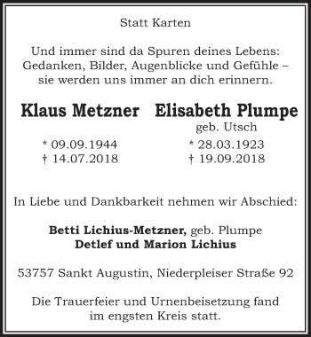 Anzeige von Elisabeth Plumpe von  Extra Blatt 