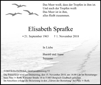 Anzeige von Elisabeth Sprafke von Kölner Stadt-Anzeiger / Kölnische Rundschau / Express