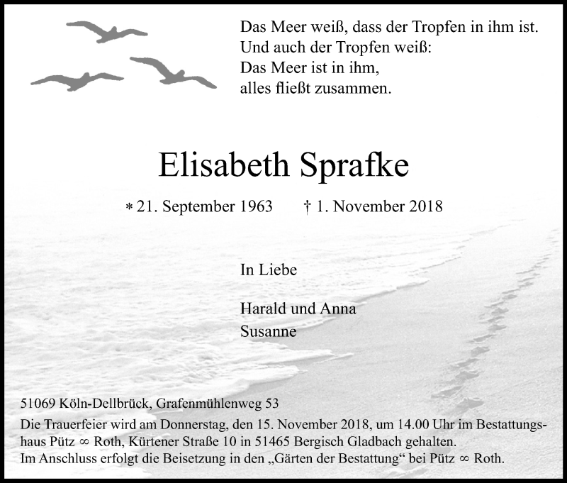  Traueranzeige für Elisabeth Sprafke vom 10.11.2018 aus Kölner Stadt-Anzeiger / Kölnische Rundschau / Express