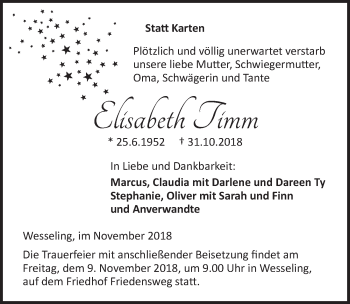 Anzeige von Elisabeth Timm von  Schlossbote/Werbekurier 