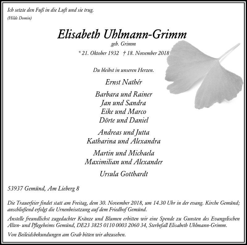  Traueranzeige für Elisabeth Uhlmann-Grimm vom 24.11.2018 aus Kölner Stadt-Anzeiger / Kölnische Rundschau / Express