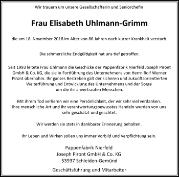 Anzeige von Elisabeth Uhlmann-Grimm von Kölner Stadt-Anzeiger / Kölnische Rundschau / Express