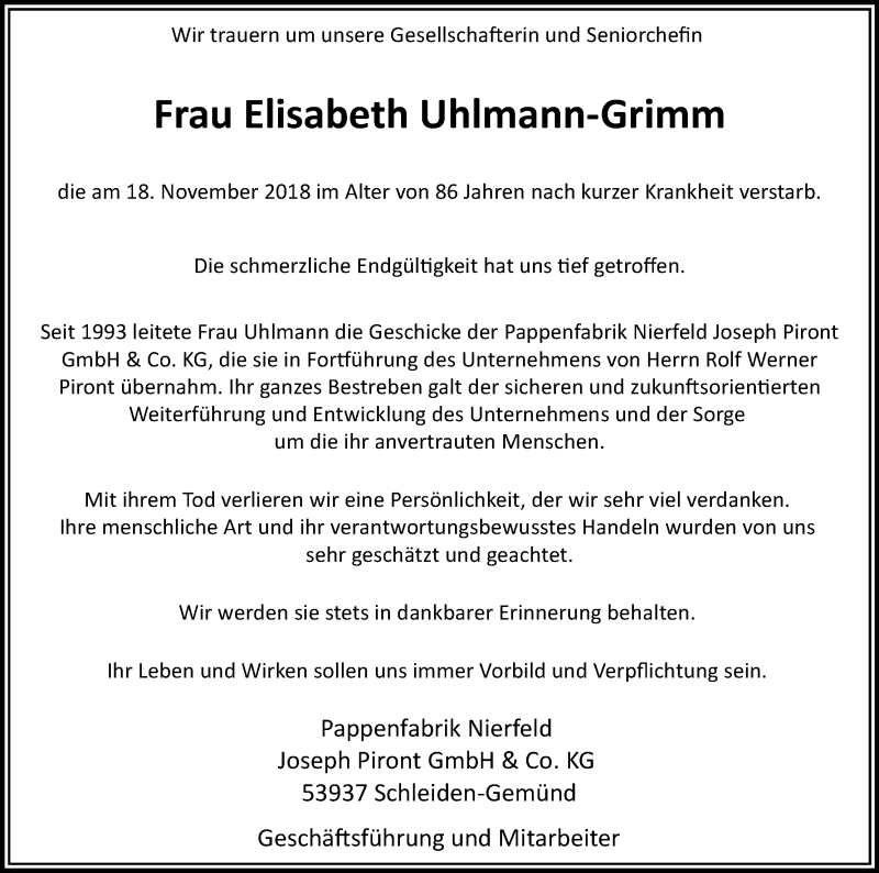  Traueranzeige für Elisabeth Uhlmann-Grimm vom 24.11.2018 aus Kölner Stadt-Anzeiger / Kölnische Rundschau / Express