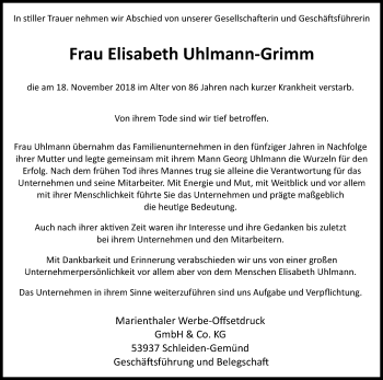Anzeige von Elisabeth Uhlmann-Grimm von Kölner Stadt-Anzeiger / Kölnische Rundschau / Express