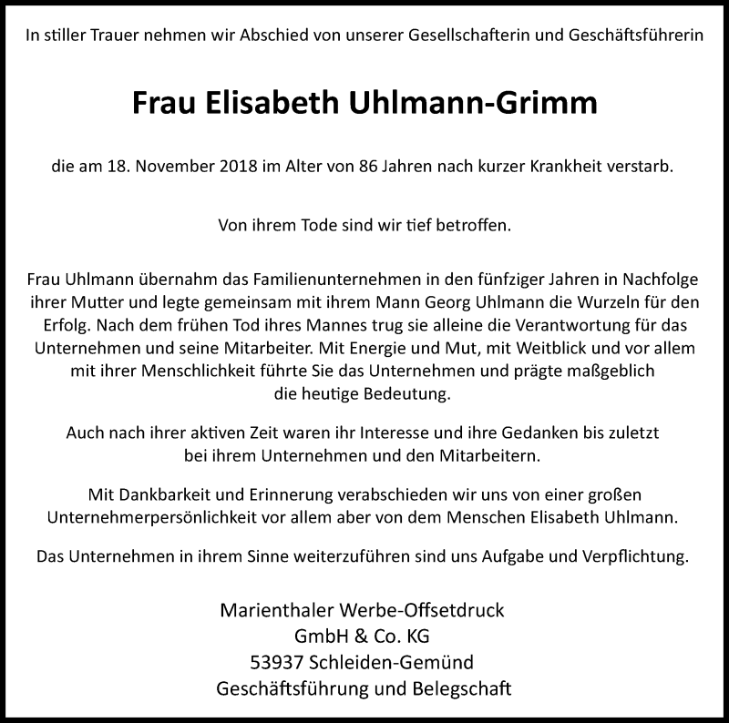  Traueranzeige für Elisabeth Uhlmann-Grimm vom 24.11.2018 aus Kölner Stadt-Anzeiger / Kölnische Rundschau / Express