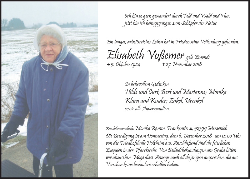  Traueranzeige für Elisabeth Voßemer vom 01.12.2018 aus  Blickpunkt Euskirchen 