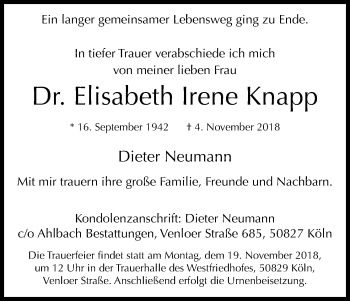 Anzeige von Elisabeth Irene Knapp von Kölner Stadt-Anzeiger / Kölnische Rundschau / Express