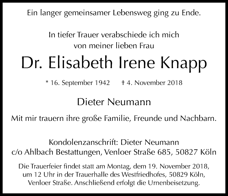  Traueranzeige für Elisabeth Irene Knapp vom 10.11.2018 aus Kölner Stadt-Anzeiger / Kölnische Rundschau / Express