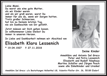 Anzeige von Elisabeth Klara Lessenich von  Sonntags-Post 