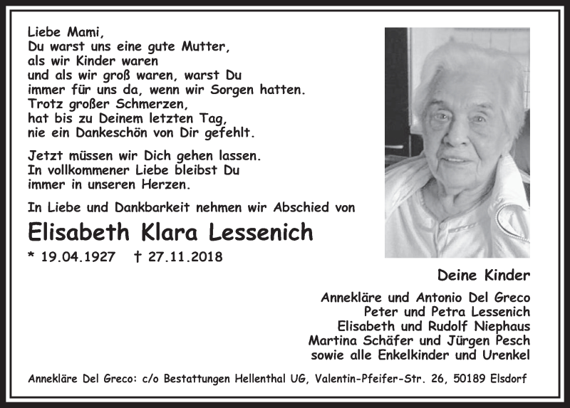  Traueranzeige für Elisabeth Klara Lessenich vom 01.12.2018 aus  Sonntags-Post 