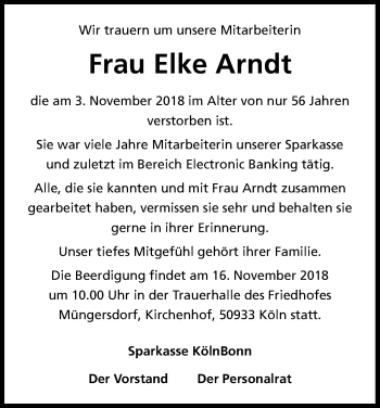 Anzeige von Elke Arndt von Kölner Stadt-Anzeiger / Kölnische Rundschau / Express