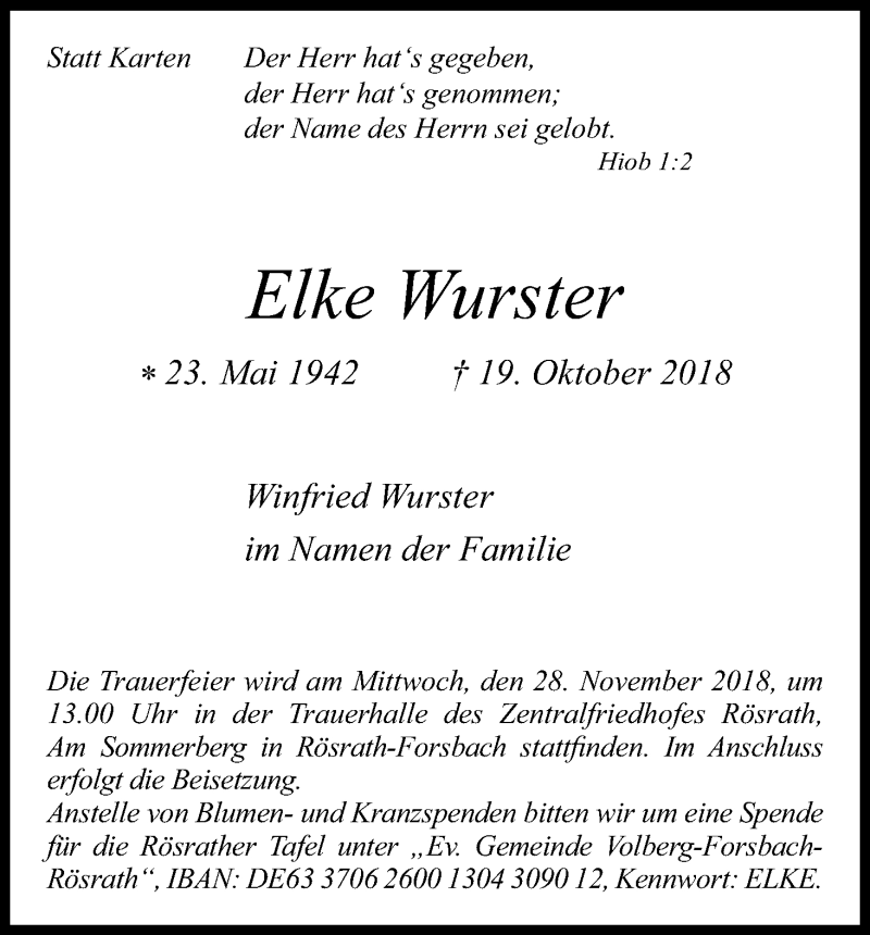  Traueranzeige für Elke Wurster vom 21.11.2018 aus Kölner Stadt-Anzeiger / Kölnische Rundschau / Express