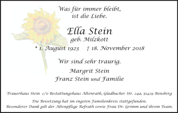 Anzeige von Ella Stein von Kölner Stadt-Anzeiger / Kölnische Rundschau / Express