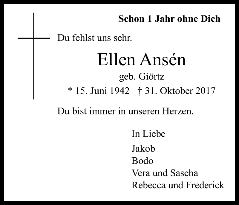  Traueranzeige für Ellen Ansen vom 03.11.2018 aus Kölner Stadt-Anzeiger / Kölnische Rundschau / Express