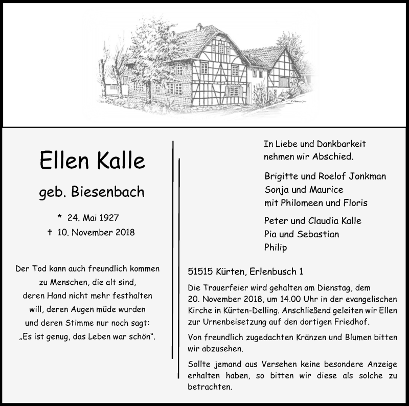  Traueranzeige für Ellen Kalle vom 14.11.2018 aus Kölner Stadt-Anzeiger / Kölnische Rundschau / Express