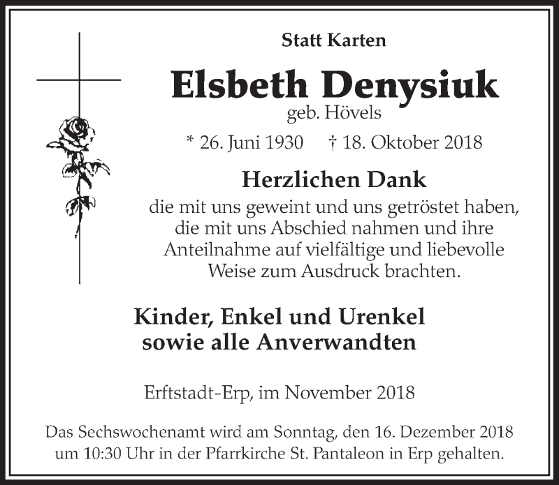  Traueranzeige für Elsbeth Denysiuk vom 07.11.2018 aus 