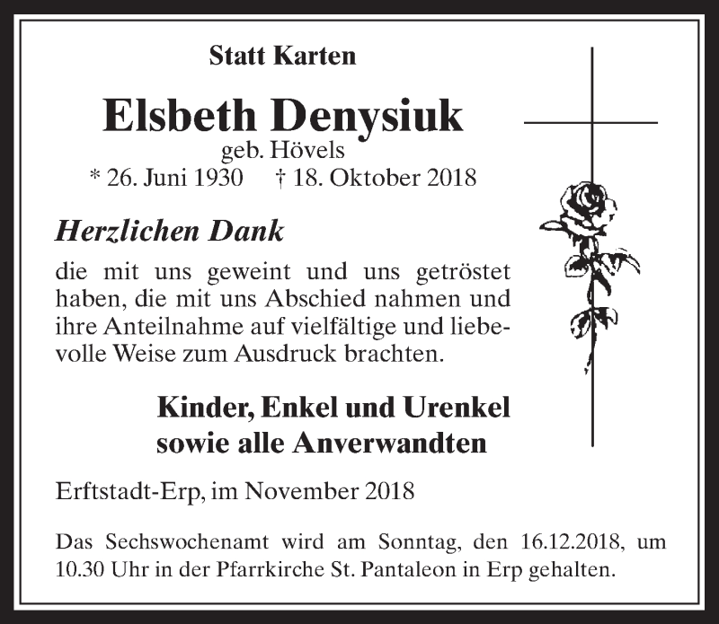  Traueranzeige für Elsbeth Denysiuk vom 10.11.2018 aus  Werbepost 