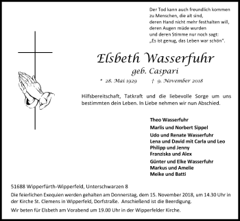 Anzeige von Elsbeth Wasserfuhr von Kölner Stadt-Anzeiger / Kölnische Rundschau / Express
