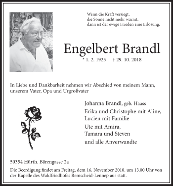 Anzeige von Engelbert Brandl von  Sonntags-Post 