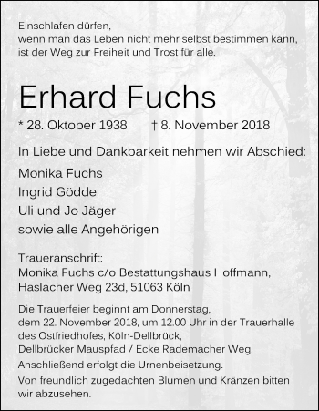 Anzeige von Erhard Fuchs von Kölner Stadt-Anzeiger / Kölnische Rundschau / Express