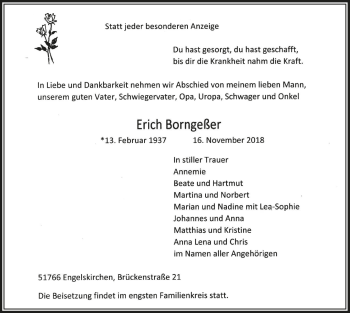 Anzeige von Erich Borngeßer von  Anzeigen Echo 