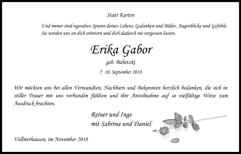  Traueranzeige für Erika Gabor vom 09.11.2018 aus Kölner Stadt-Anzeiger / Kölnische Rundschau / Express