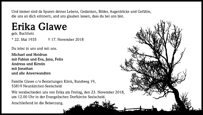  Traueranzeige für Erika Glawe vom 21.11.2018 aus Kölner Stadt-Anzeiger / Kölnische Rundschau / Express