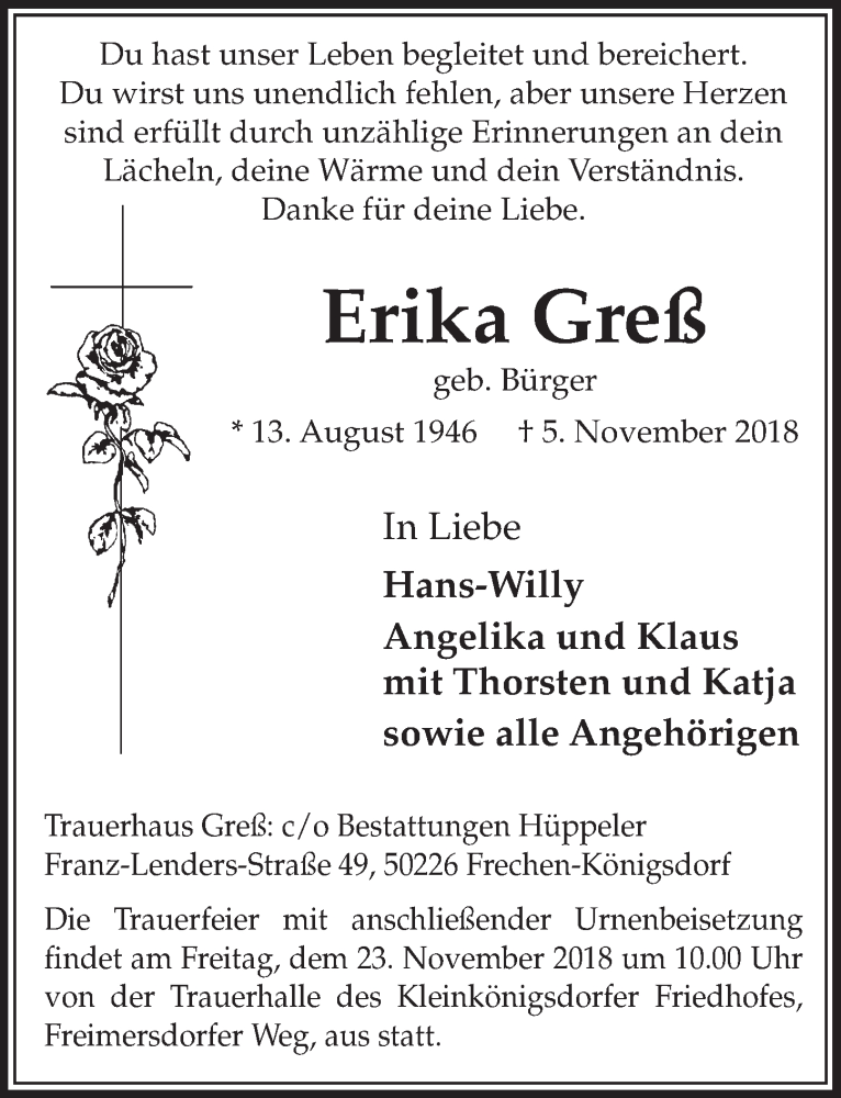  Traueranzeige für Erika Greß vom 17.11.2018 aus  Sonntags-Post 