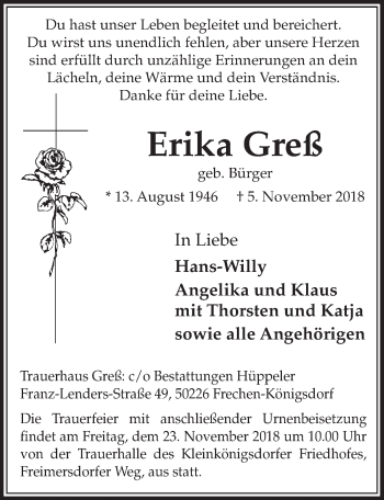 Anzeige von Erika Greß von  Sonntags-Post 