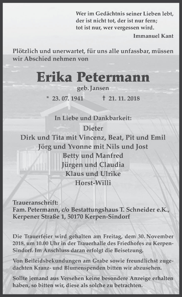  Traueranzeige für Erika Petermann vom 28.11.2018 aus  Werbepost 