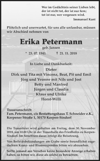 Anzeige von Erika Petermann von Kölner Stadt-Anzeiger / Kölnische Rundschau / Express