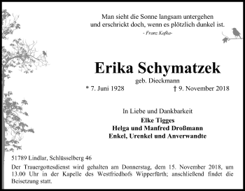 Anzeige von Erika Schymatzek von Kölner Stadt-Anzeiger / Kölnische Rundschau / Express