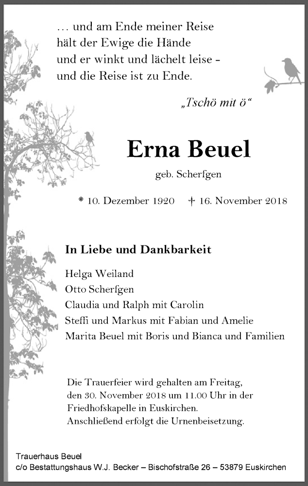  Traueranzeige für Erna Beuel vom 24.11.2018 aus  Blickpunkt Euskirchen 