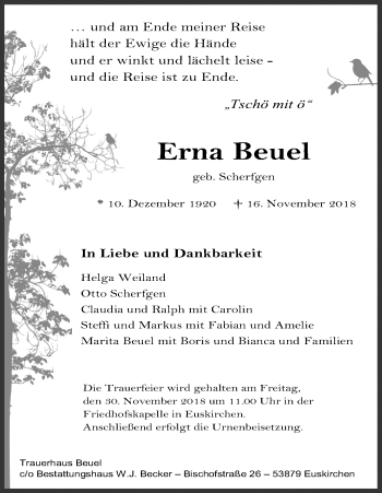 Anzeige von Erna Beuel von Kölner Stadt-Anzeiger / Kölnische Rundschau / Express