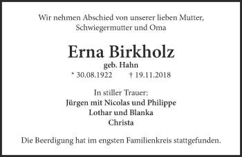 Anzeige von Erna Birkholz von  Kölner Wochenspiegel 