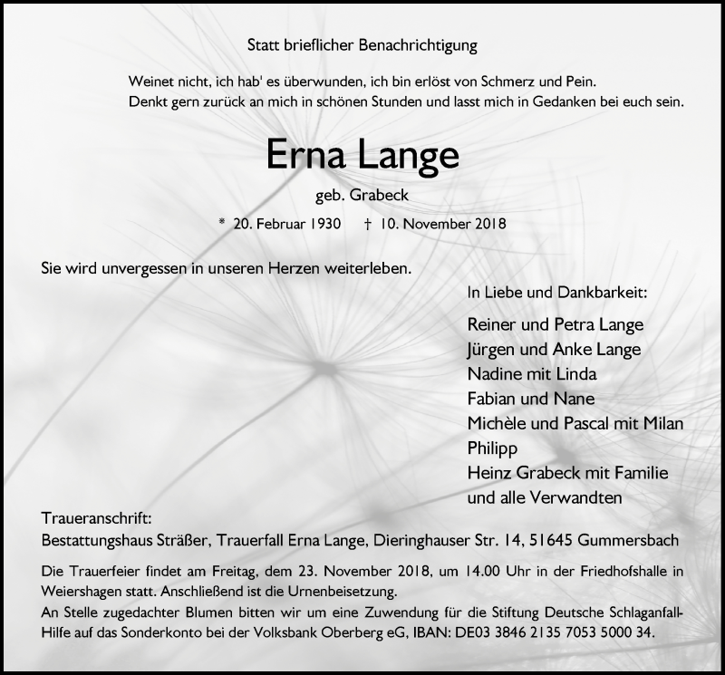  Traueranzeige für Erna Lange vom 14.11.2018 aus  Anzeigen Echo 