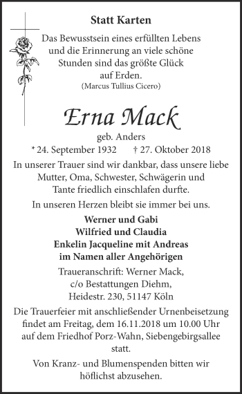 Anzeige von Erna Mack von  Kölner Wochenspiegel 