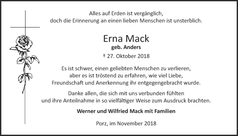  Traueranzeige für Erna Mack vom 28.11.2018 aus  Kölner Wochenspiegel 