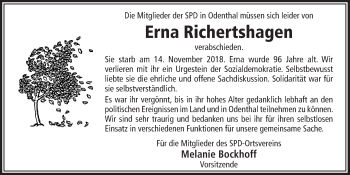 Anzeige von Erna Richertshagen von  Bergisches Handelsblatt 