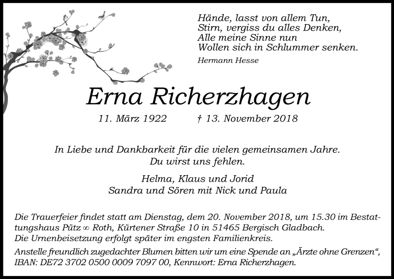  Traueranzeige für Erna Richerzhagen vom 17.11.2018 aus Kölner Stadt-Anzeiger / Kölnische Rundschau / Express