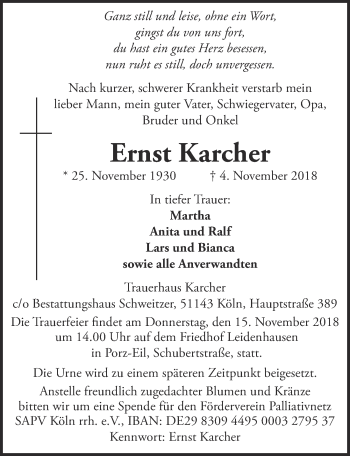 Anzeige von Ernst Karcher von  Kölner Wochenspiegel 
