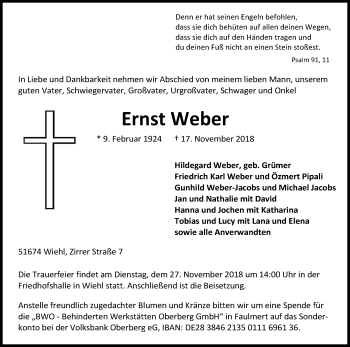 Anzeige von Ernst Weber von Kölner Stadt-Anzeiger / Kölnische Rundschau / Express