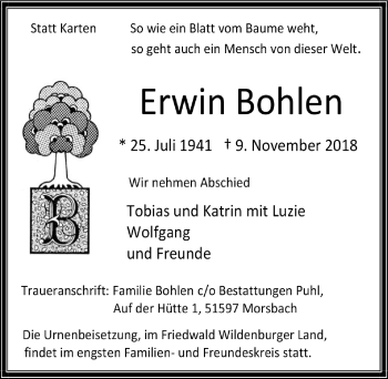 Anzeige von Erwin Bohlen von  Lokalanzeiger 