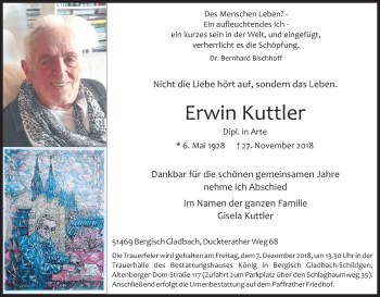 Anzeige von Erwin Kuttler von Kölner Stadt-Anzeiger / Kölnische Rundschau / Express