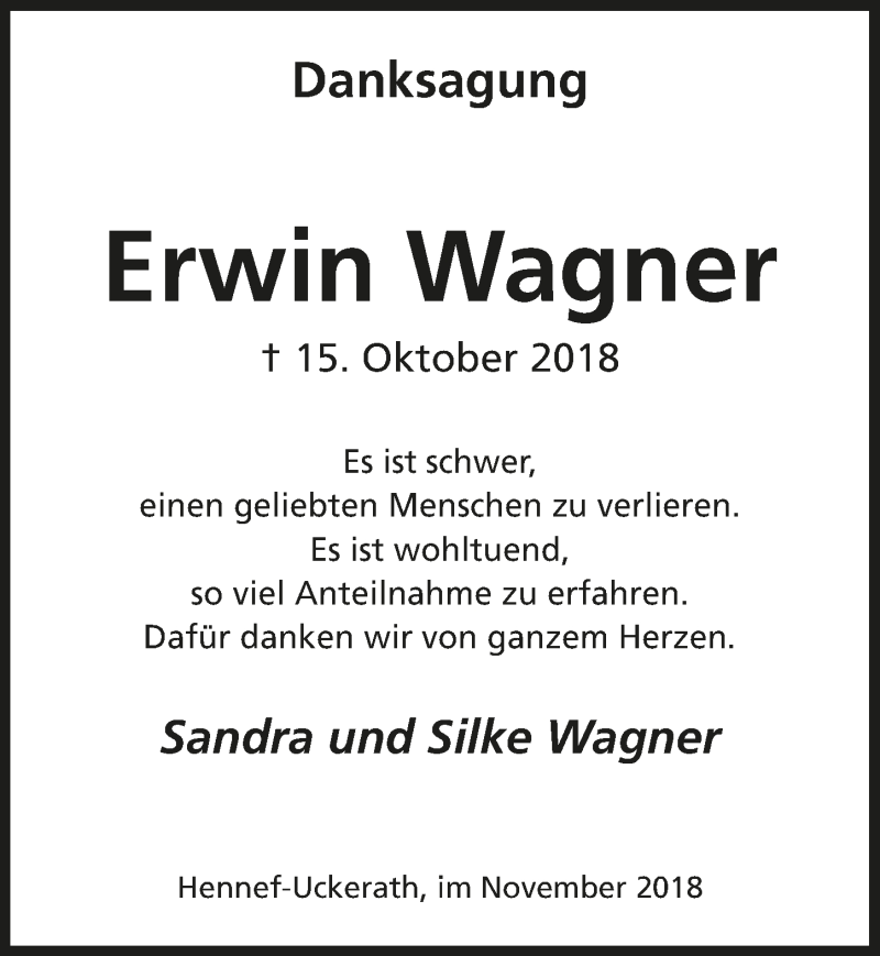  Traueranzeige für Erwin Wagner vom 07.11.2018 aus  Anzeigen Echo 